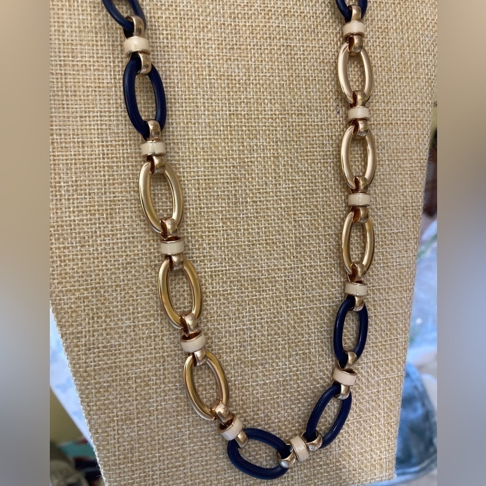 Coldwater Creek Gold Tone Navy Blue‎ & Cream Link Necklace